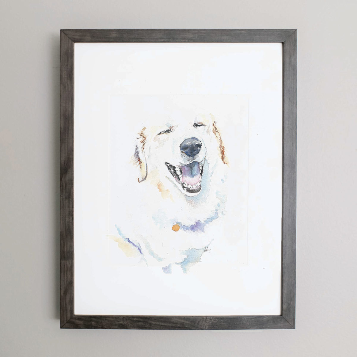 Watercolor of a white dog in a gray frame