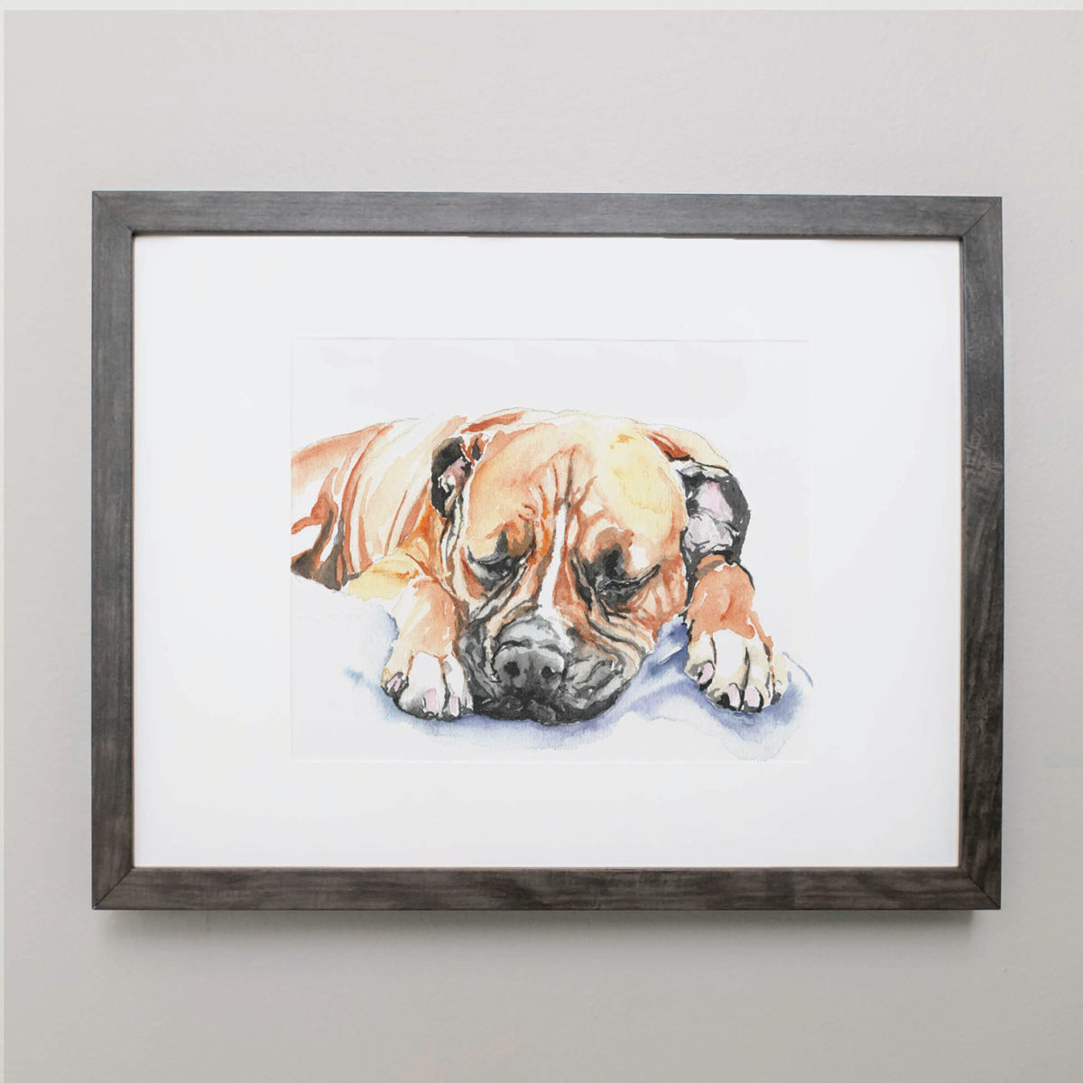 Watercolor of a light brown boxer sleeping
