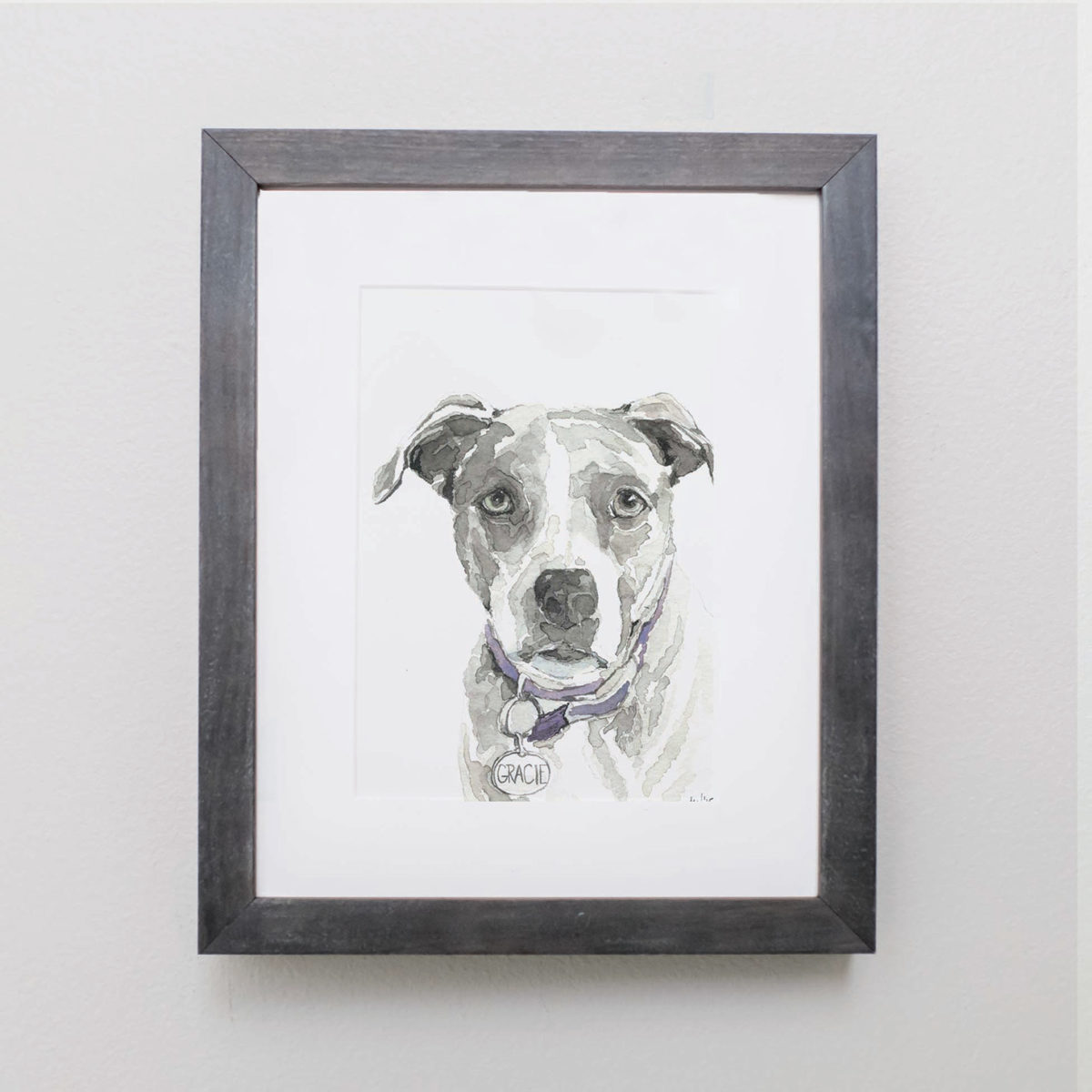 Watercolor of a gray pitbull in a gray frame