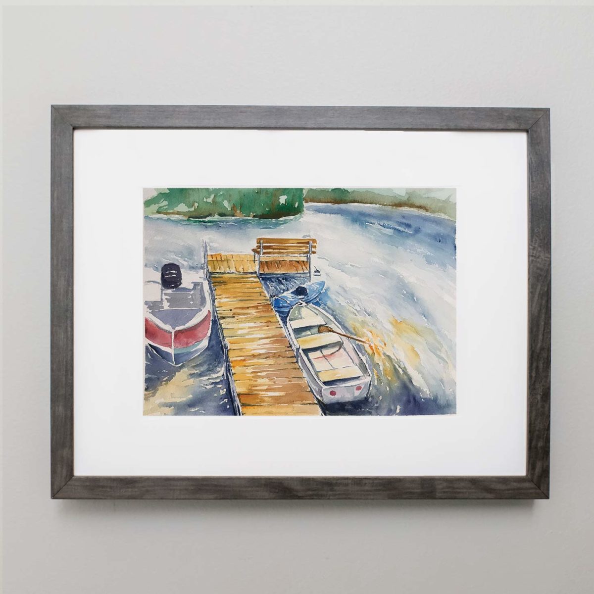 Watercolor of boats on a lake