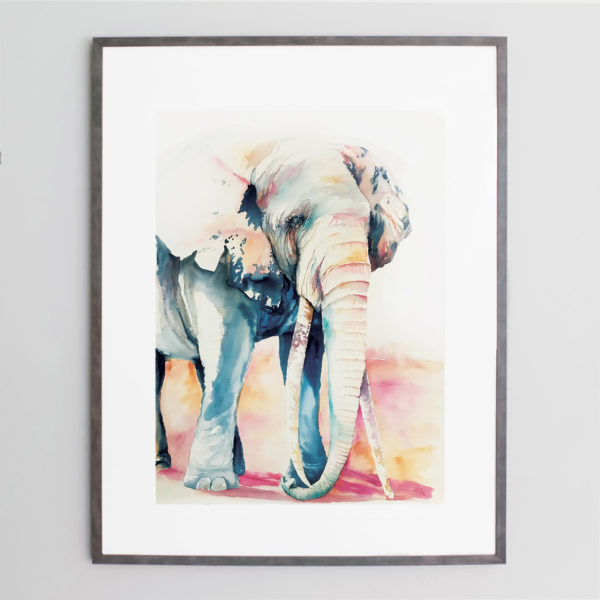 Watercolor of elephant with tusks in frame