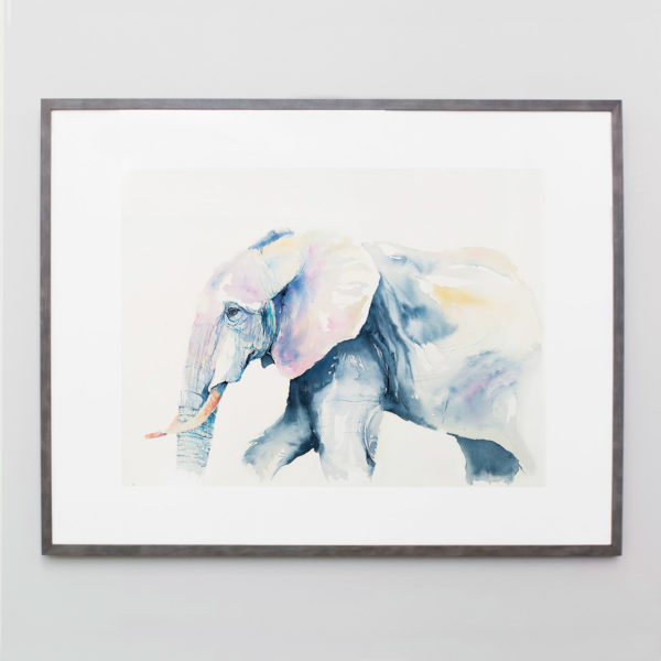 Watercolor painting of blue elephant in gray frame