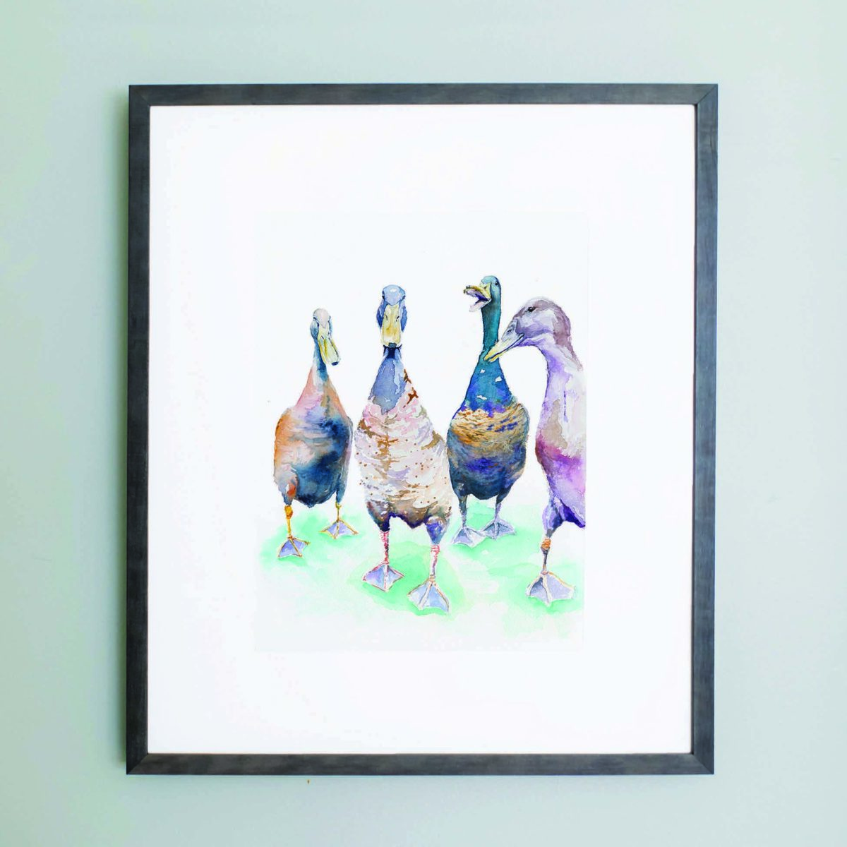 Watercolor of Indian Runner Ducks in a gray frame