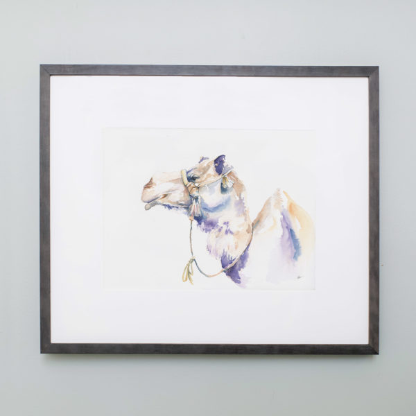 Watercolor of a camel in a gray frame