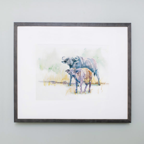 Watercolor of African buffalo in a gray frame