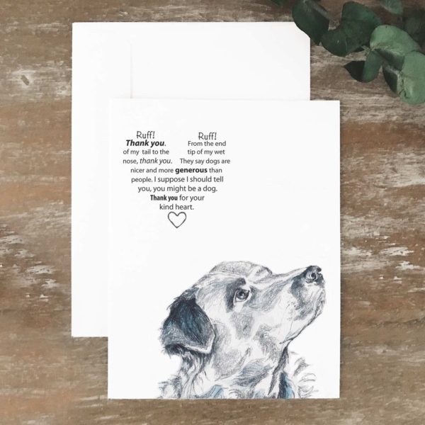 A2 greeting card of a black dog with a thank you message