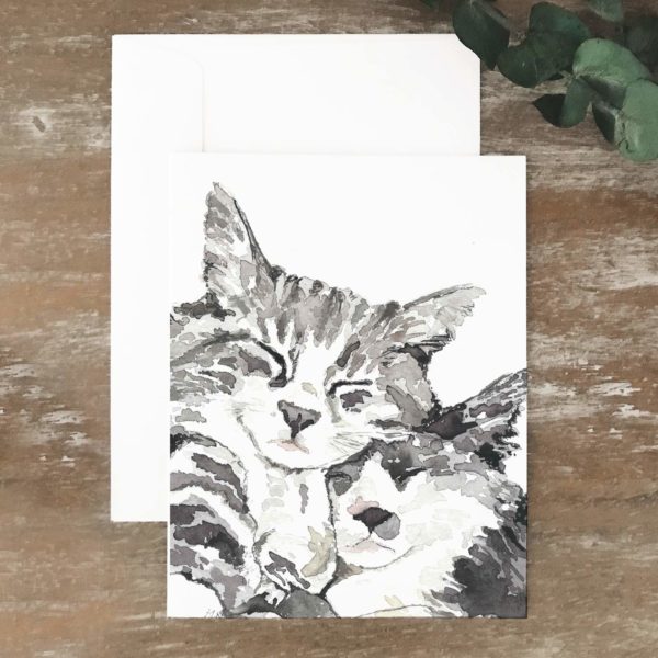 A2 greeting card of two gray striped cats napping