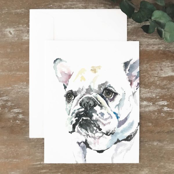 A2 greeting card of white French bulldog