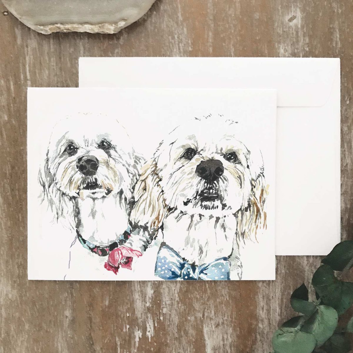A2 greeting card of two small white dogs