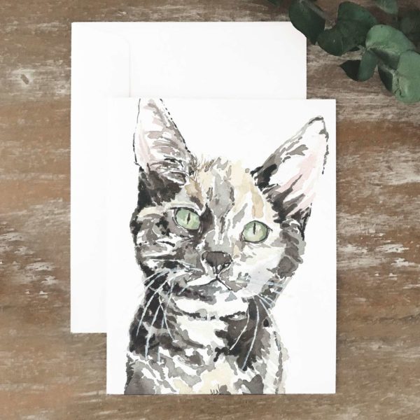A2 greeting card of a striped cat with green eyes