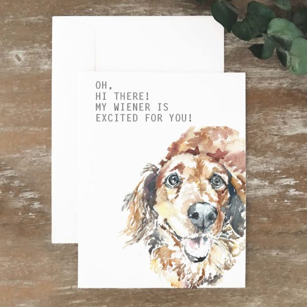 A2 greeting card of a long haired dachshund with a funny tagline
