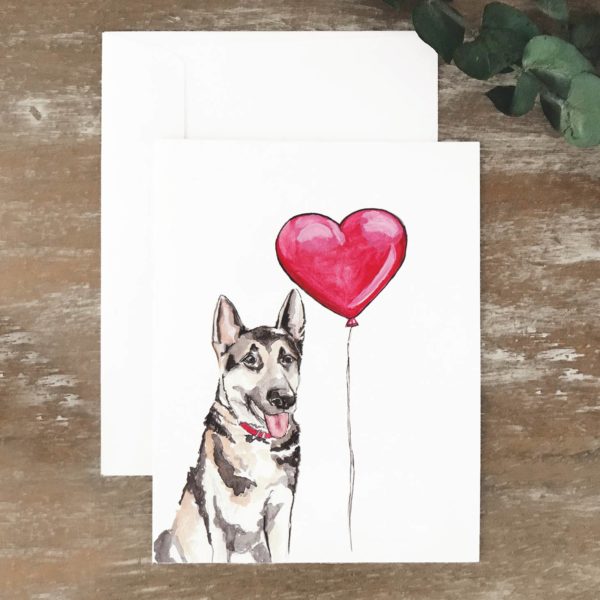 A2 greeting card of German shepherd with a heart balloon