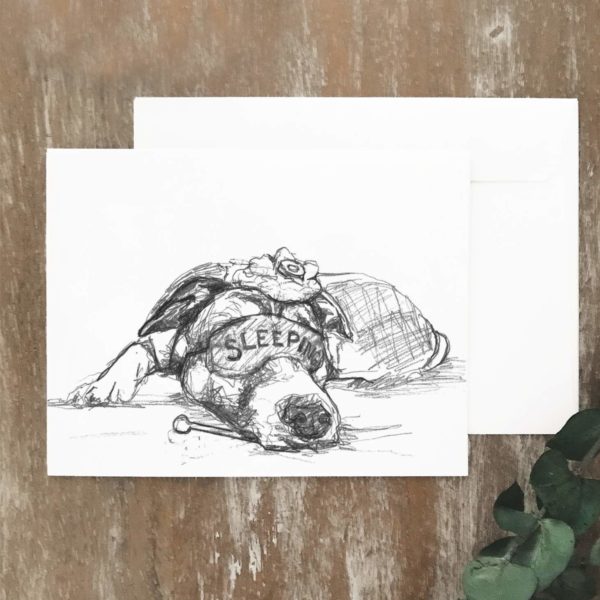 A2 greeting card of a dog sleeping with ice pack on head