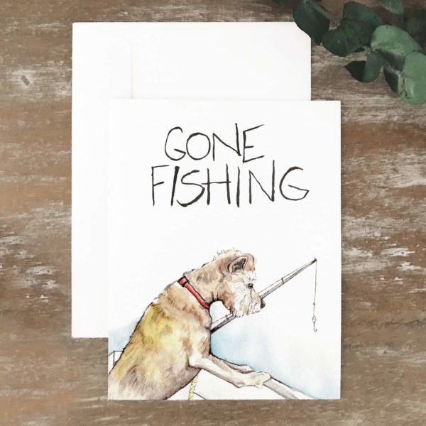 A2 greeting card of a dog with fishing pole