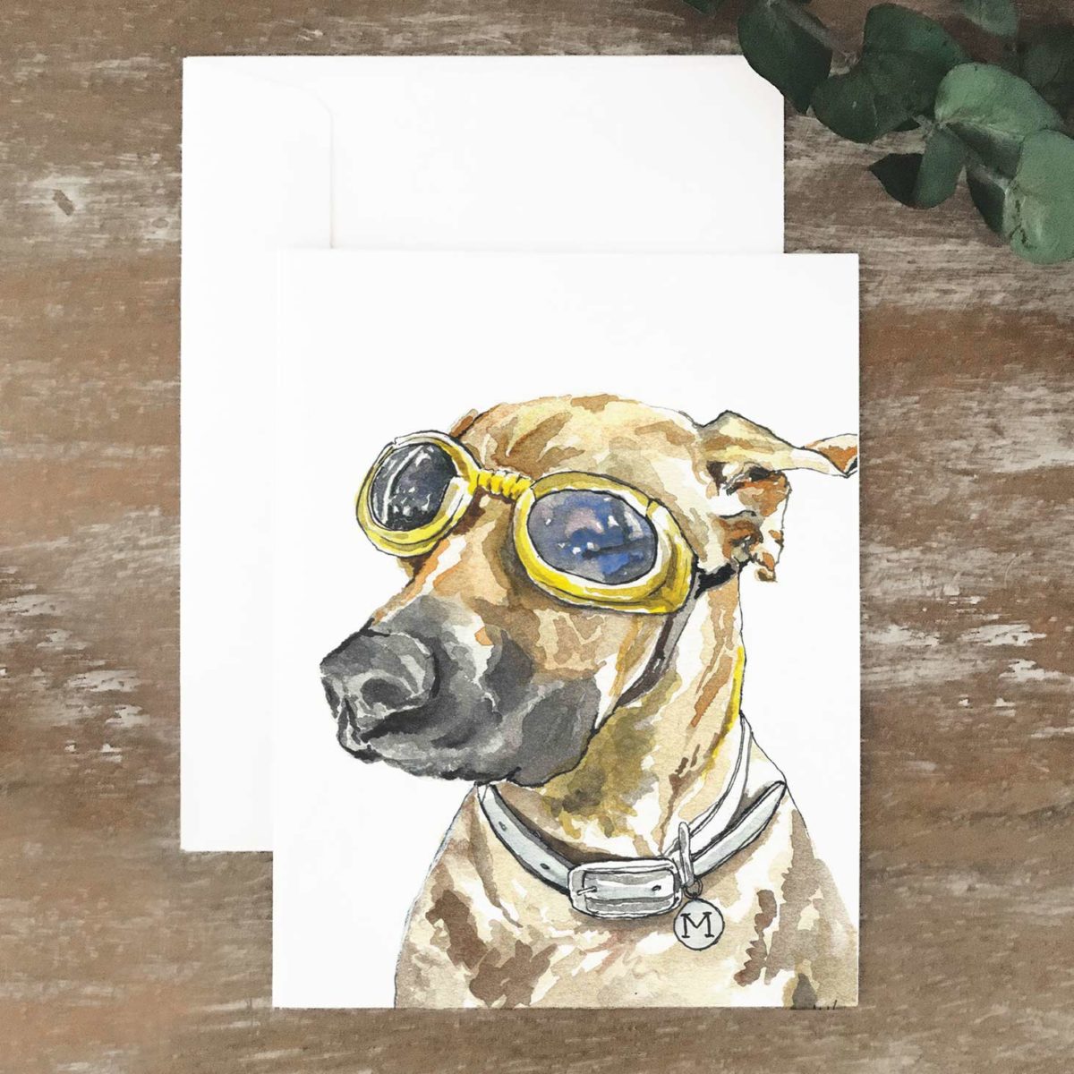 A2 greeting card of brown dog wearing goggles