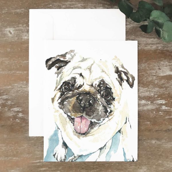 A2 greeting card of a brown and cream pug