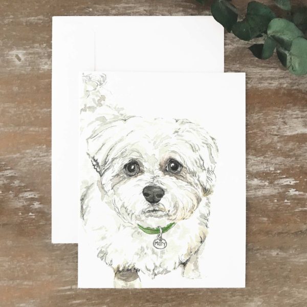 A2 greeting card of a small white dog named Misty