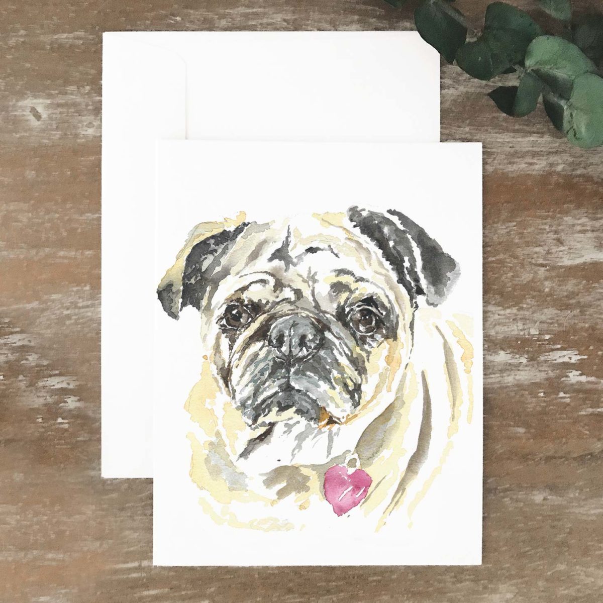 A2 greeting card of tan and black pug