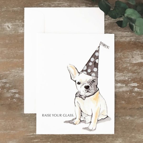A2 greeting card of Boston terrier wearing a party hat