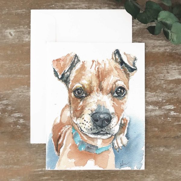 A2 greeting card of Rocko, a small mix breed dog