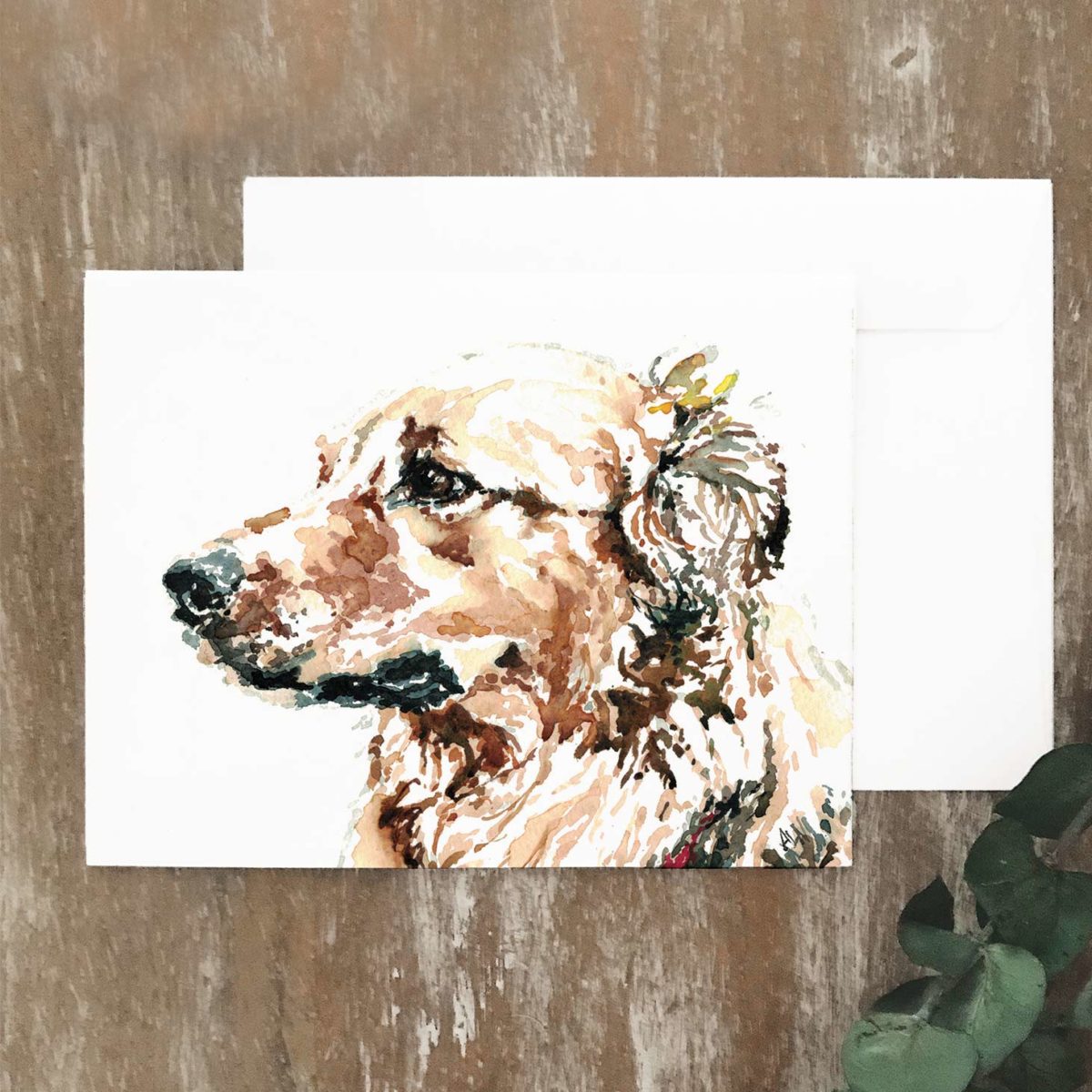 A2 greeting card of a dog named Seamus with red shaggy hard