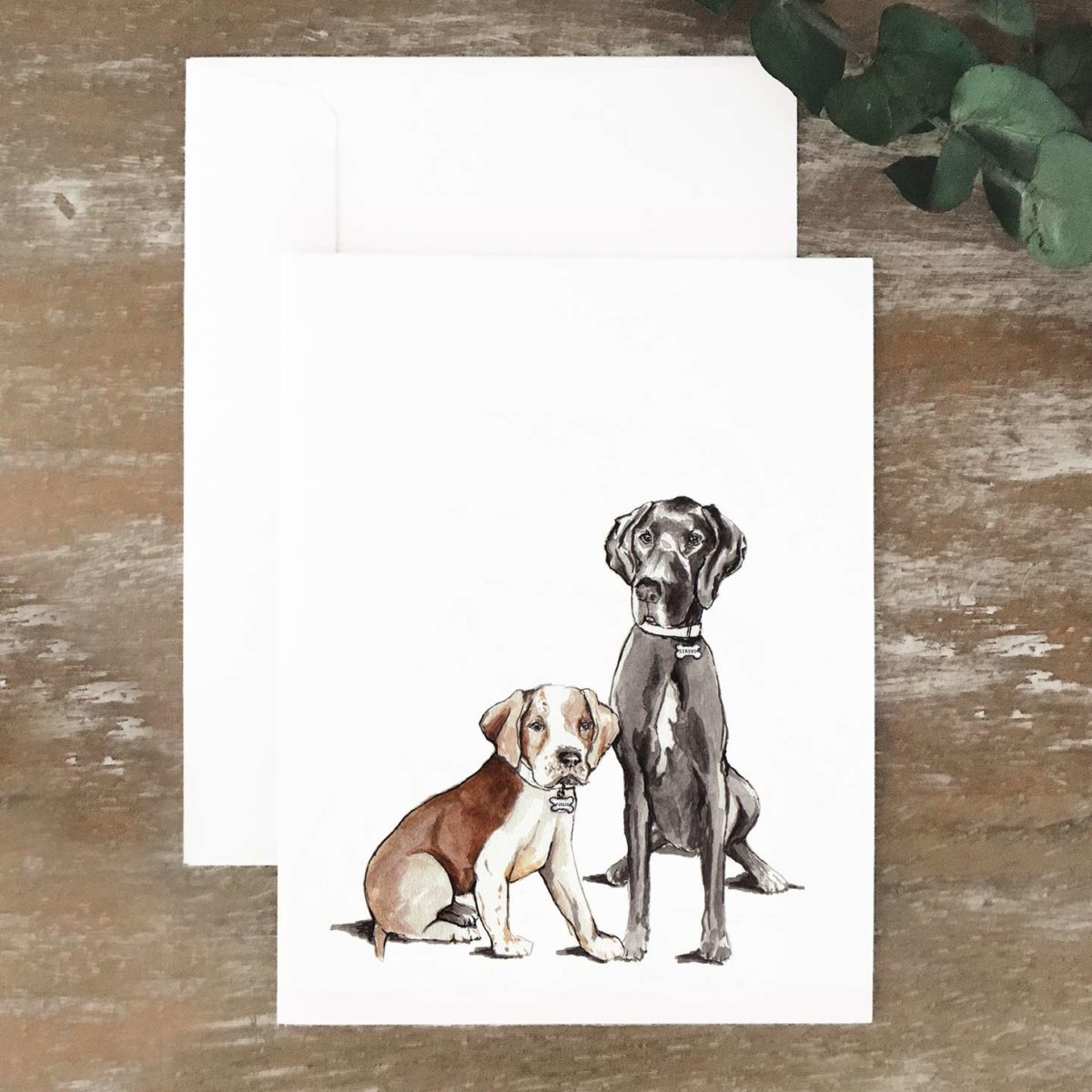 A2 greeting card of a small beagle and large black Great Dane