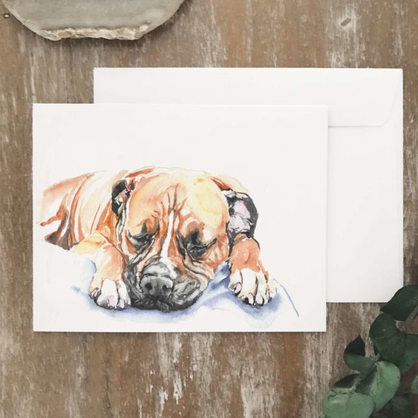 A2 greeting card of sleeping boxer puppy