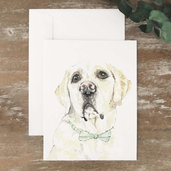 A2 greeting card of white lab with green bowtie
