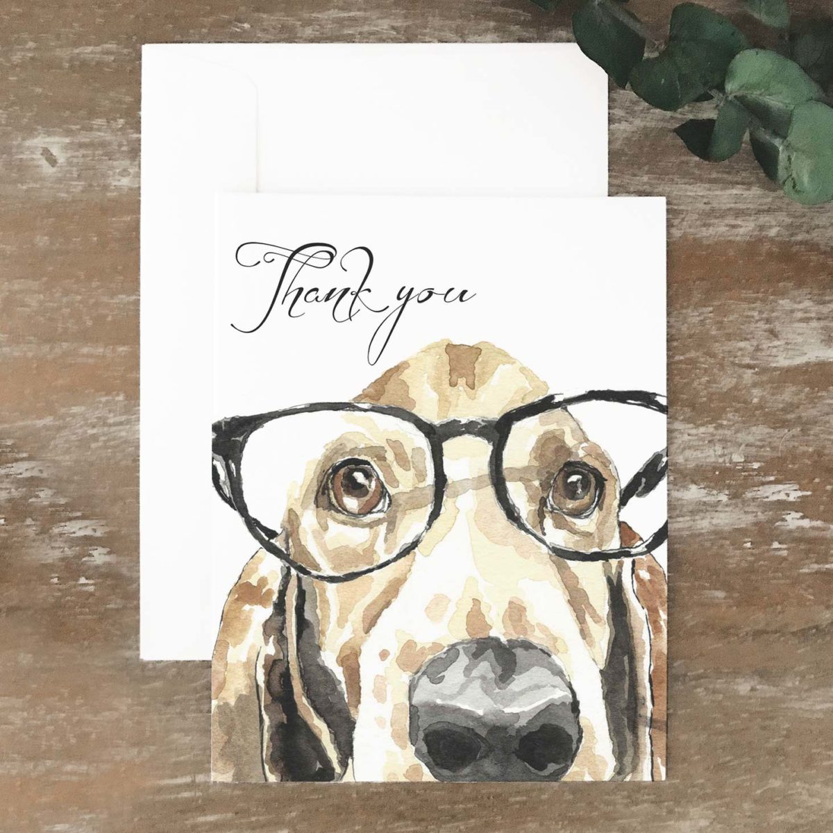 A2 greeting card of basset hound wearing glasses