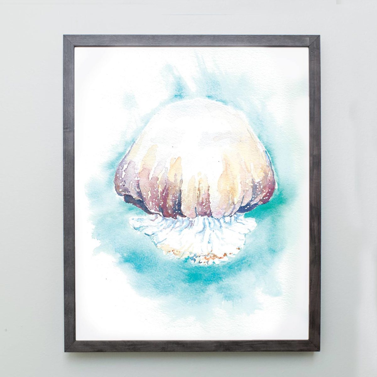 Watercolor of cannon ball jellyfish in gray frame