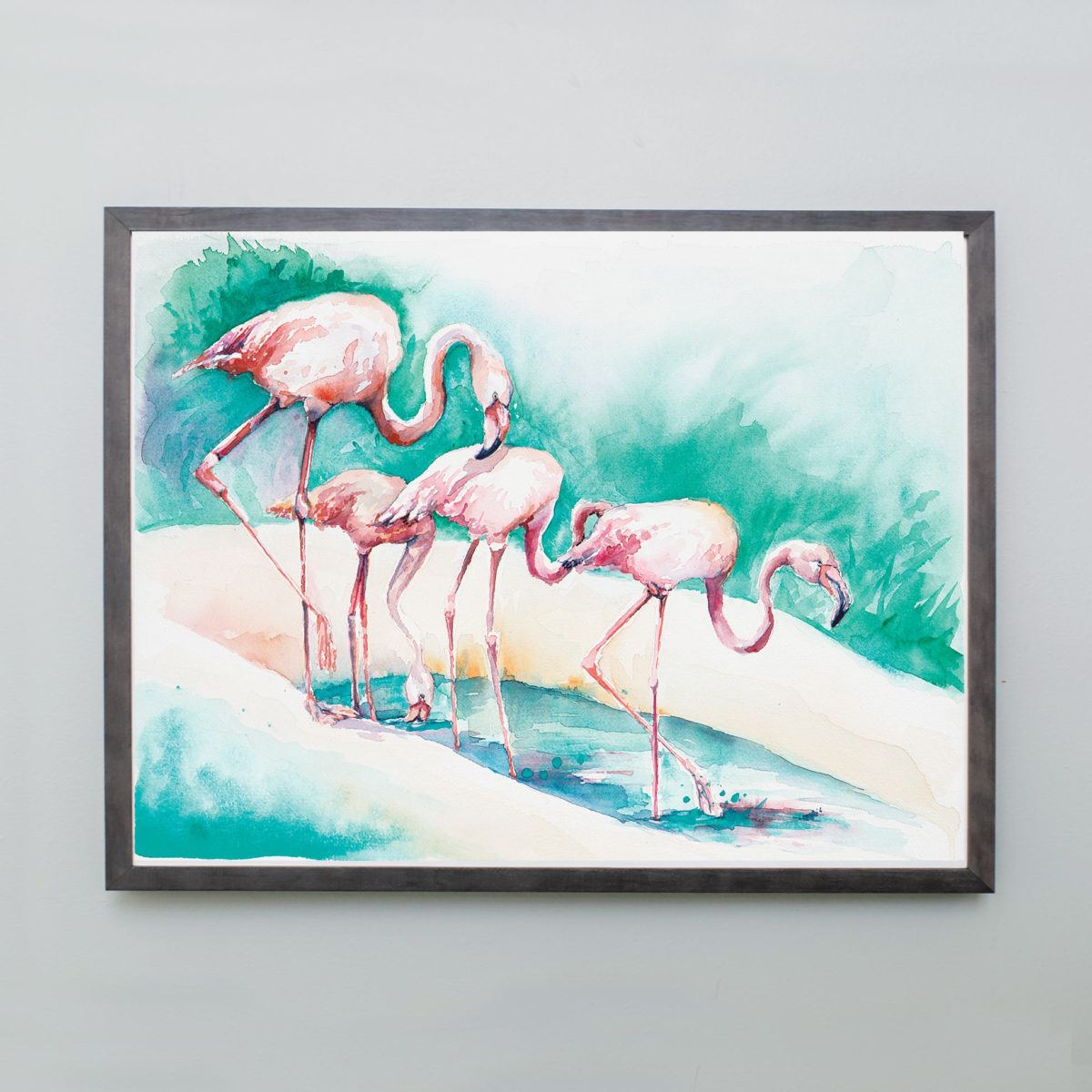 Watercolor of 4 flamingoes in gray frame