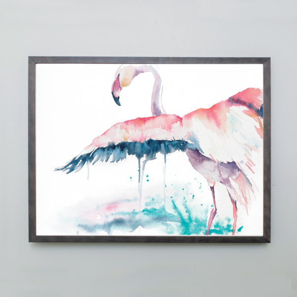 Watercolor of flamingo with wings spread in gray frame