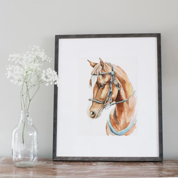 Watercolor of horse in gray frame with flowers on left