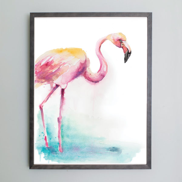 Watercolor of pink flamingo in a gray frame