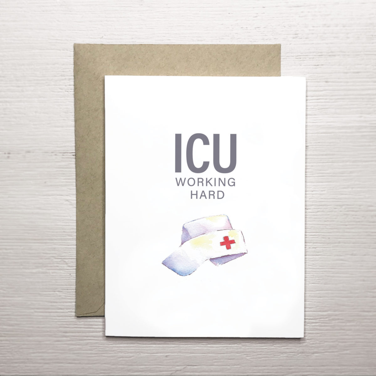 A2 greeting card with ICU tagline and nurse hat