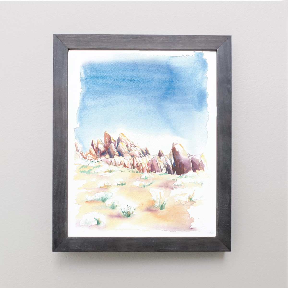 Watercolor of Alabama Hills in a gray frame
