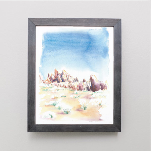 Watercolor of Alabama Hills in a gray frame