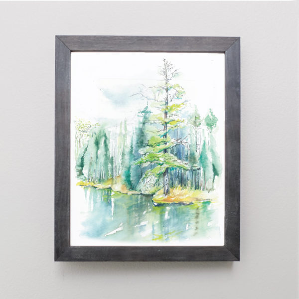 Watercolor of trees in northern Wisconsin in gray frame
