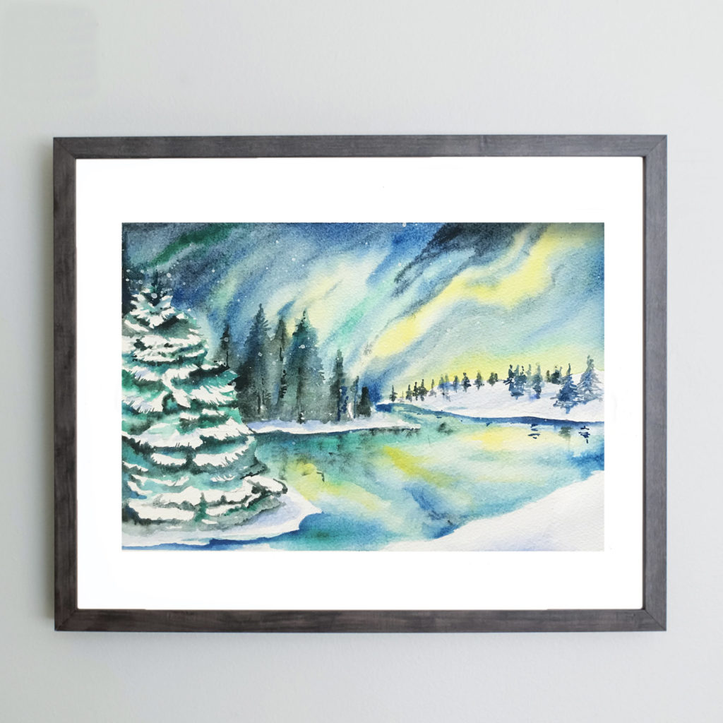 Watercolor of Northern lights in gray frame