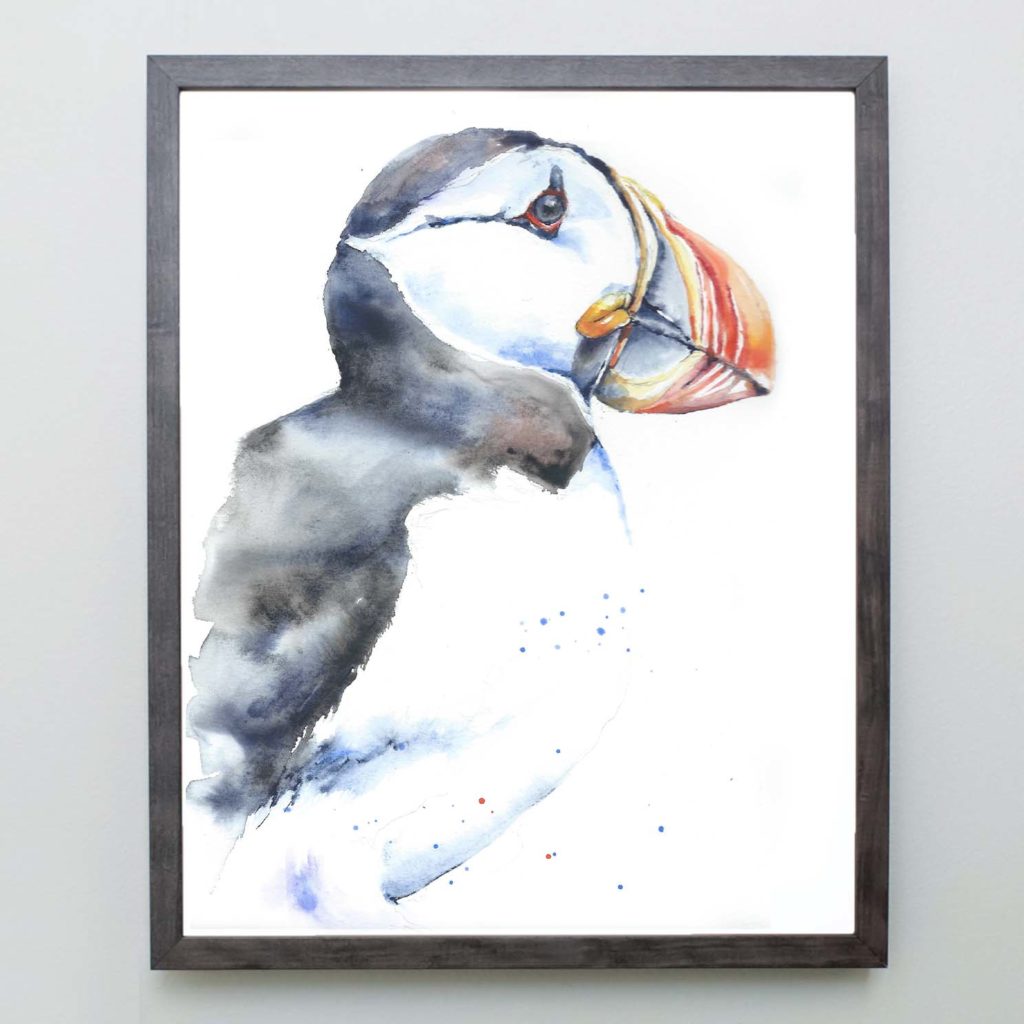 Watercolor puffin in a gray frame