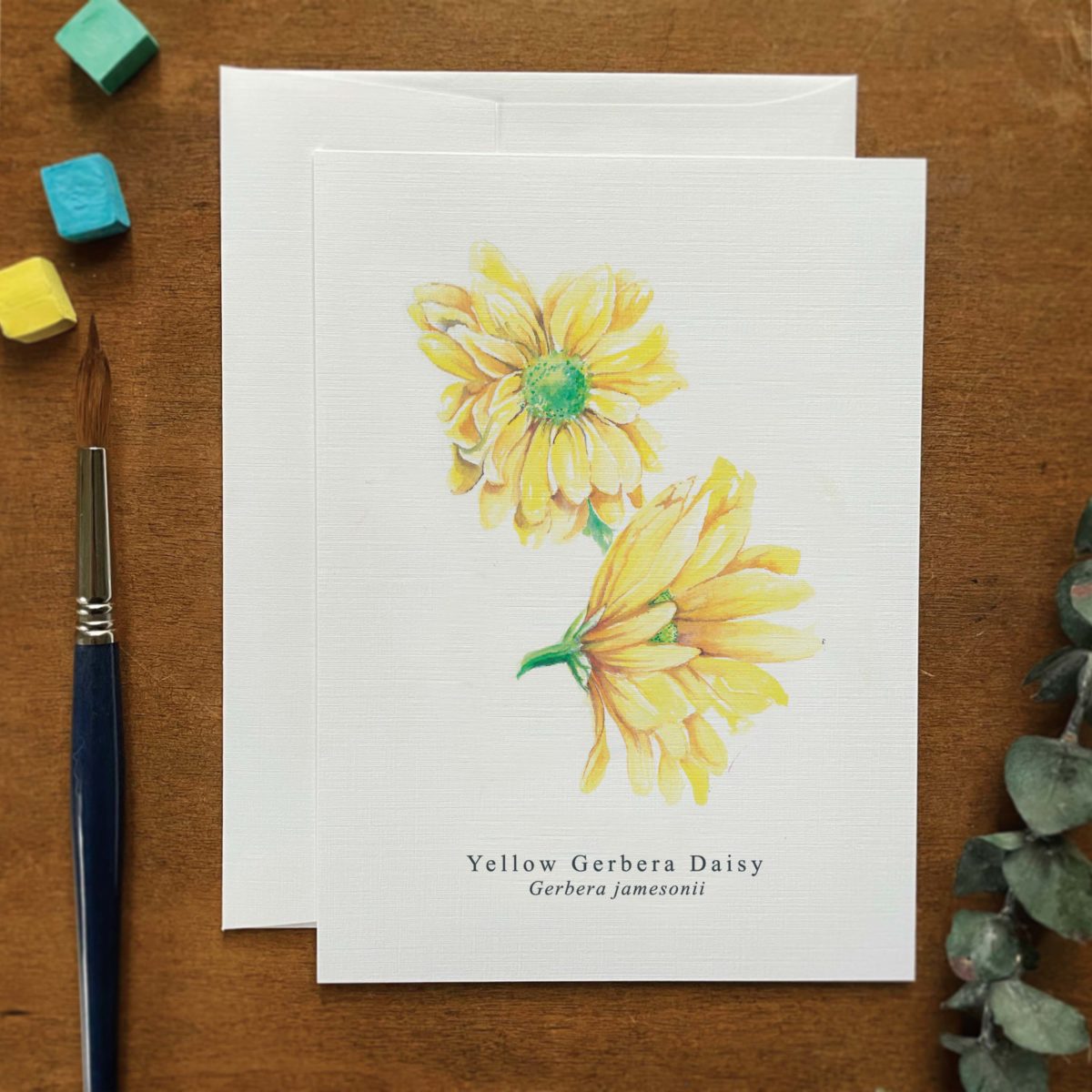 A2 greeting card of two Yellow Gerbera Daisies