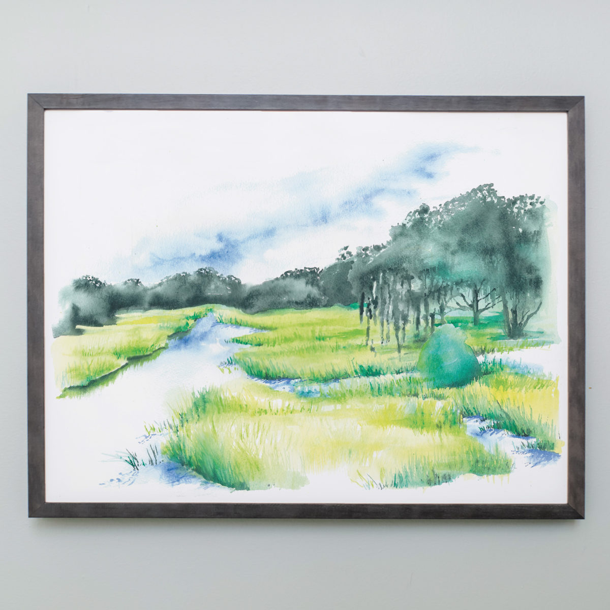 Watercolor of Kiawah Island marsh in gray frame