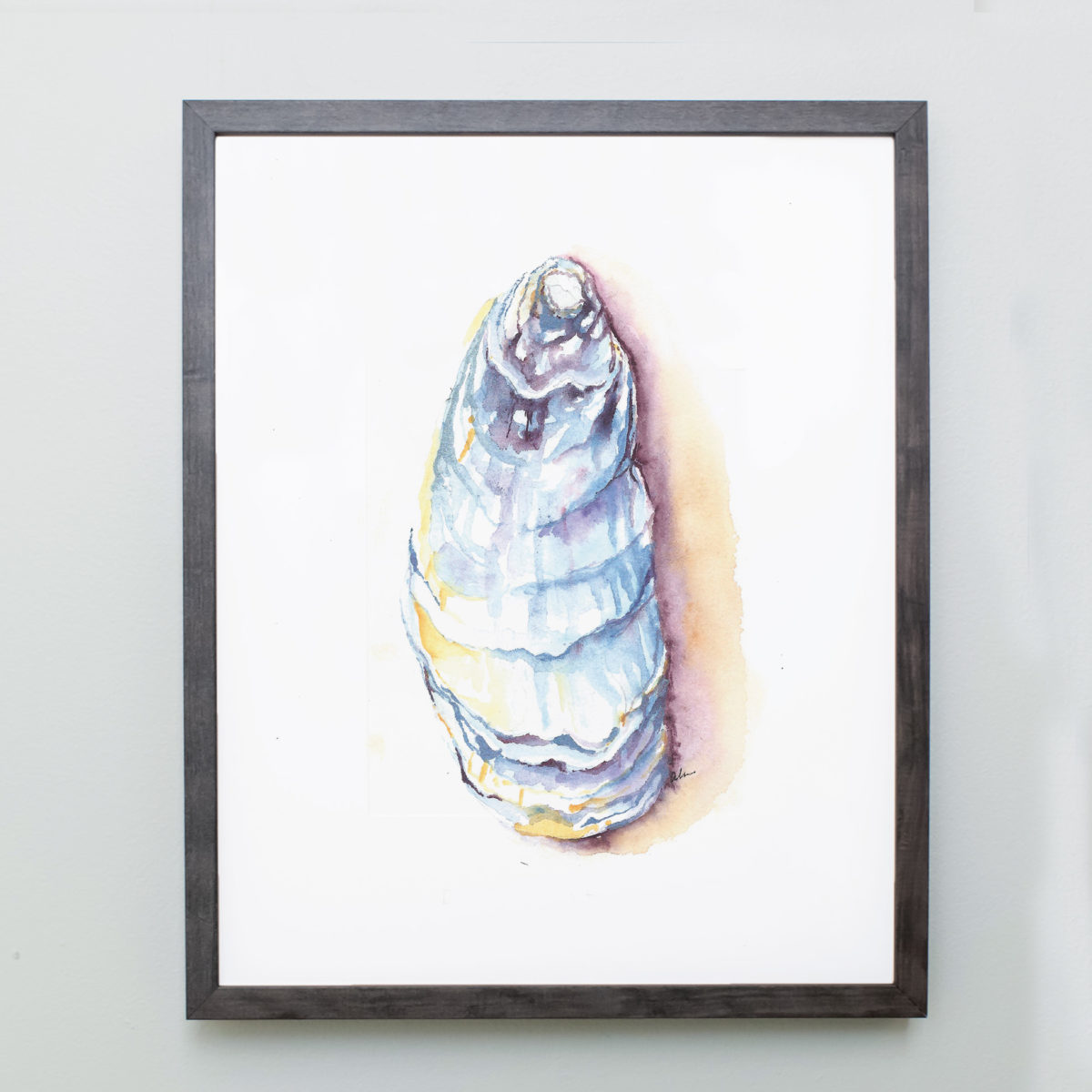 Watercolor of an oyster shell in gray frame