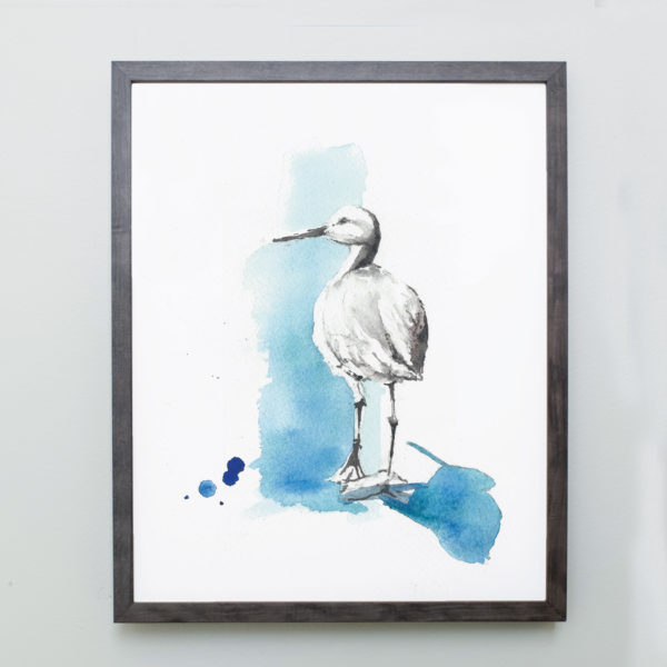 Watercolor of a Willet in a gray frame