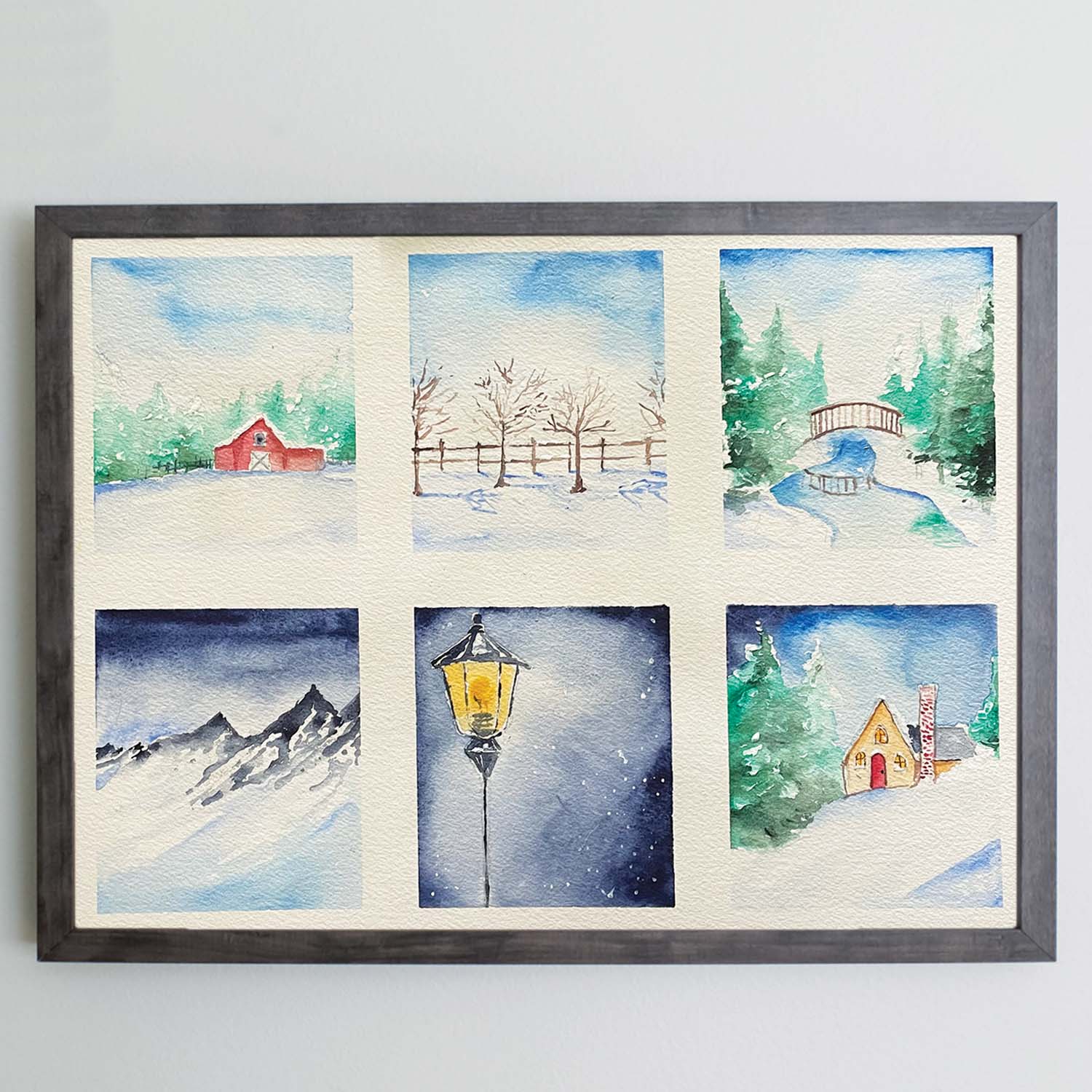 Watercolor of 6 winter scenes in gray frame